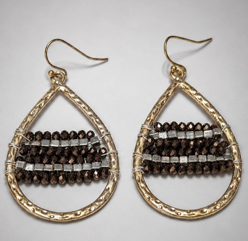 2.25" Long Dangle Pierced Earrings Beaded Hammered Gold-tone Boho Modern bk-90